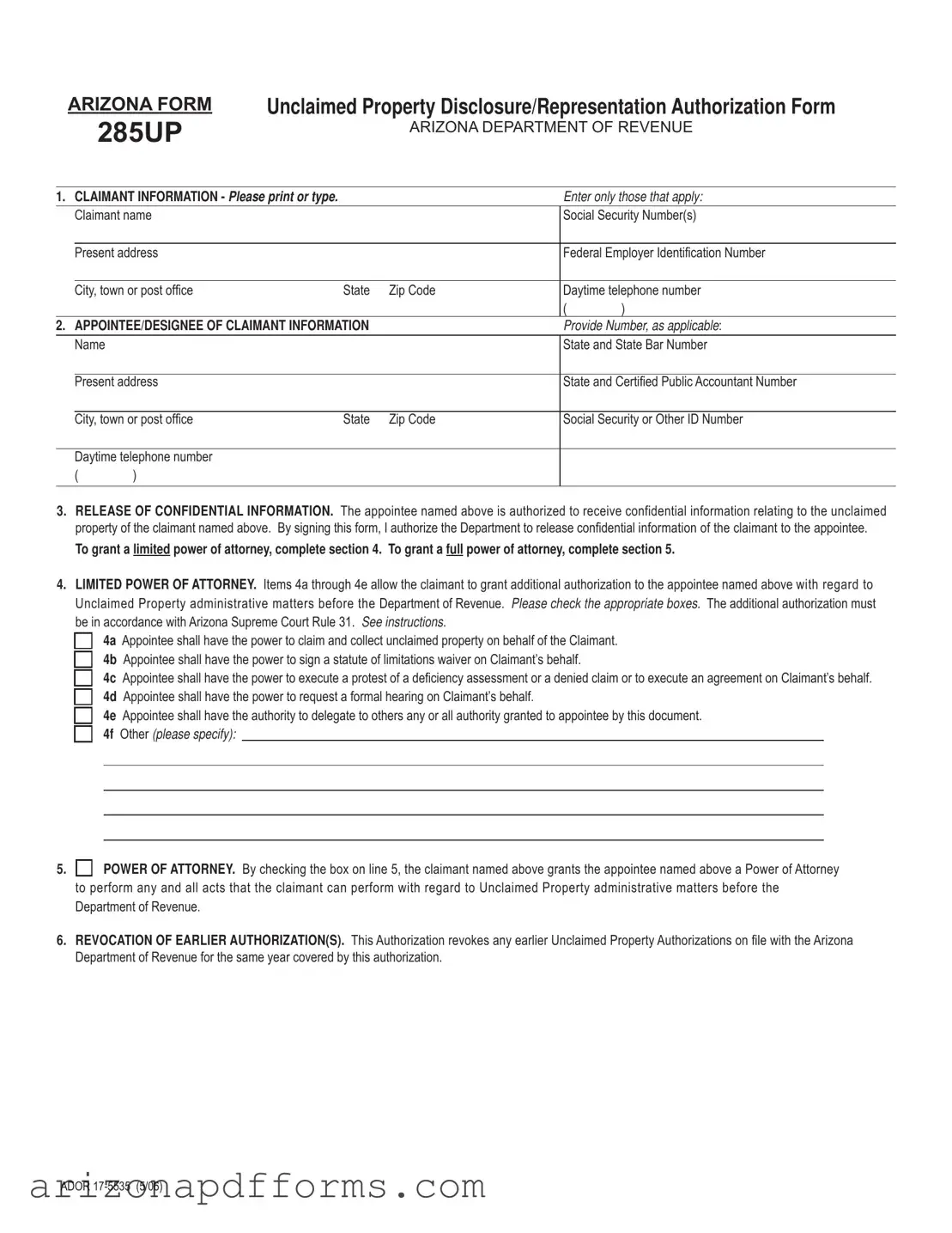 Blank Arizona 285Up Template