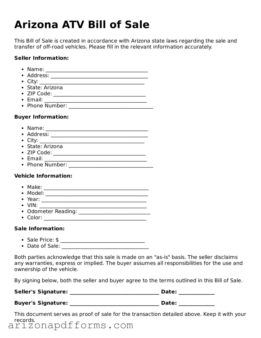 Official  ATV Bill of Sale Template for Arizona