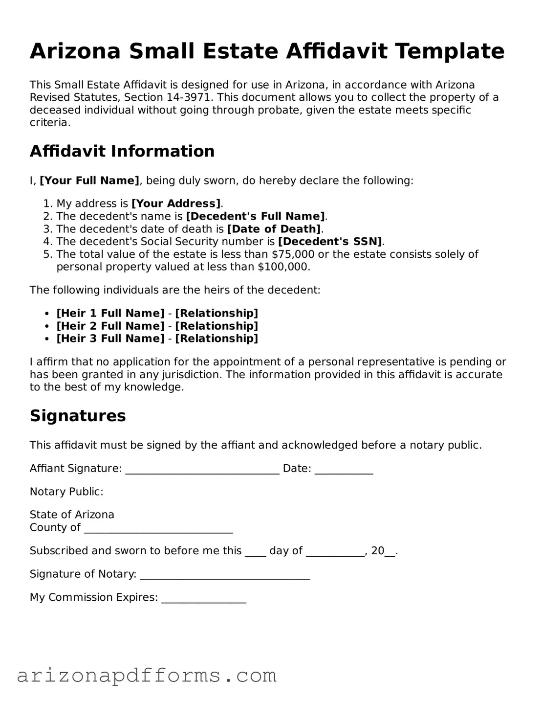 Official  Small Estate Affidavit Template for Arizona
