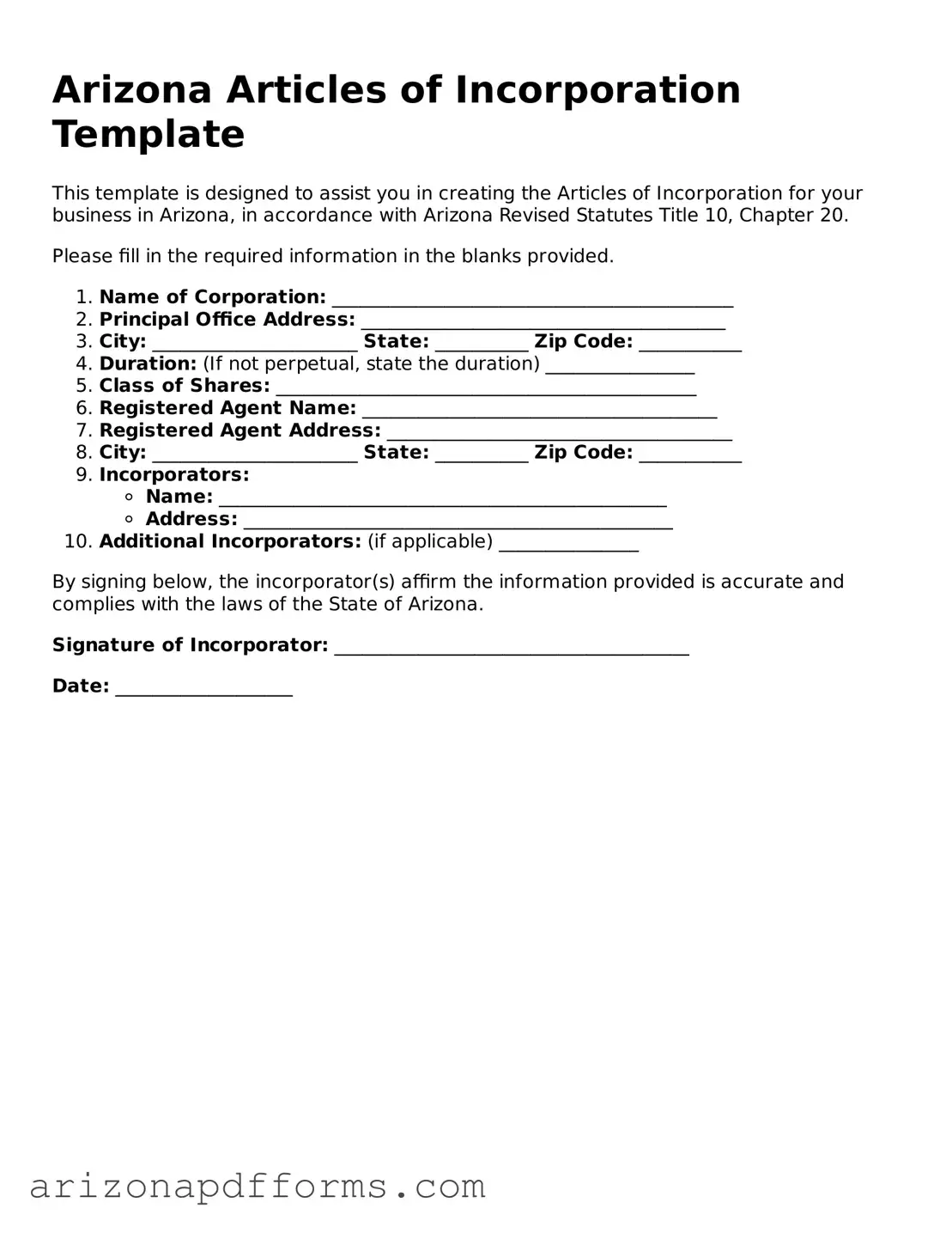 Official  Articles of Incorporation Template for Arizona