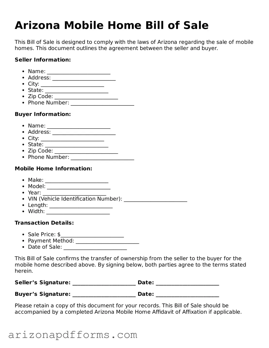 Official  Mobile Home Bill of Sale Template for Arizona