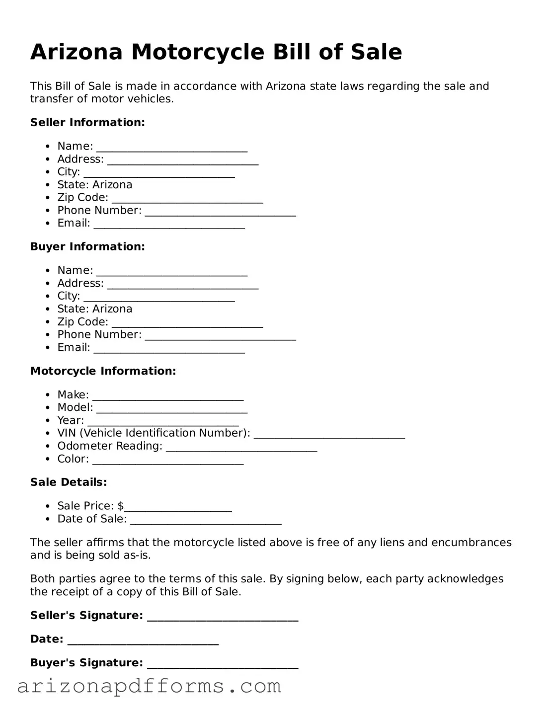 Official  Motorcycle Bill of Sale Template for Arizona