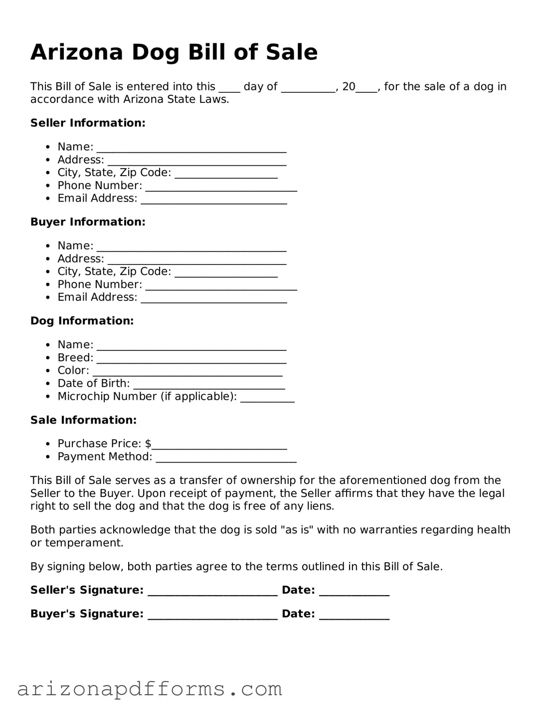 Official  Dog Bill of Sale Template for Arizona