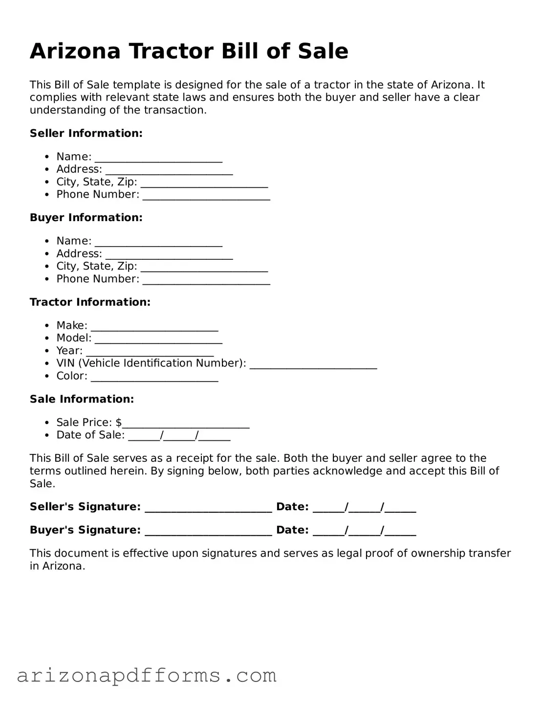 Official  Tractor Bill of Sale Template for Arizona