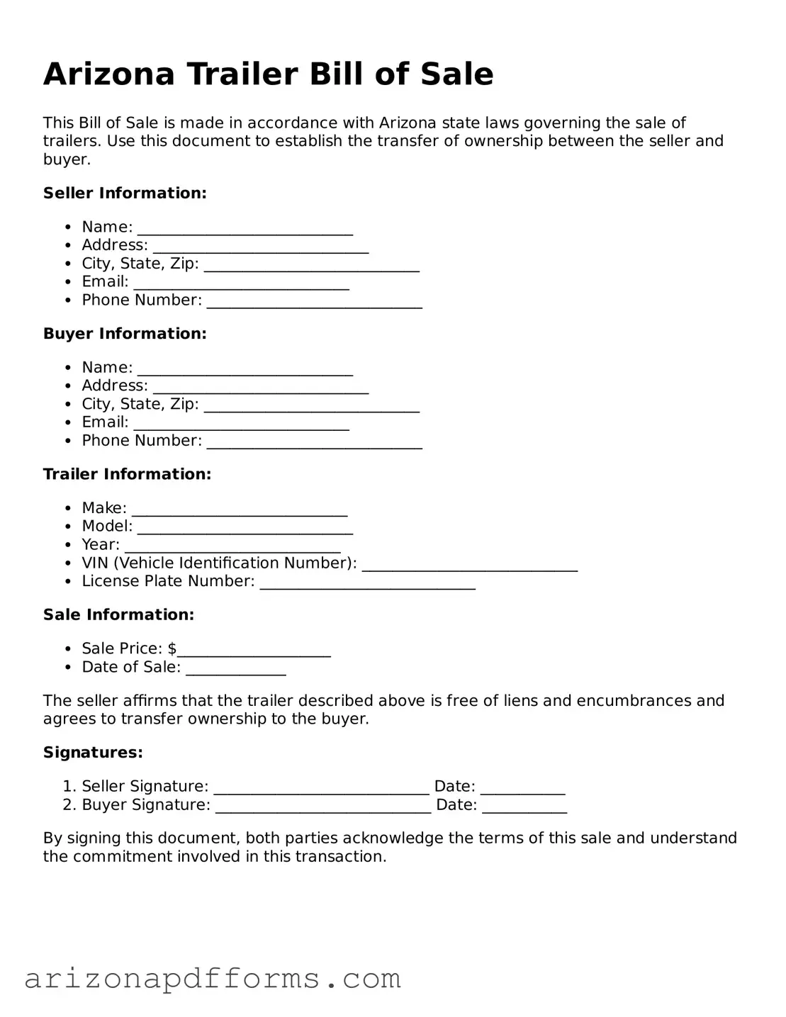 Official  Trailer Bill of Sale Template for Arizona
