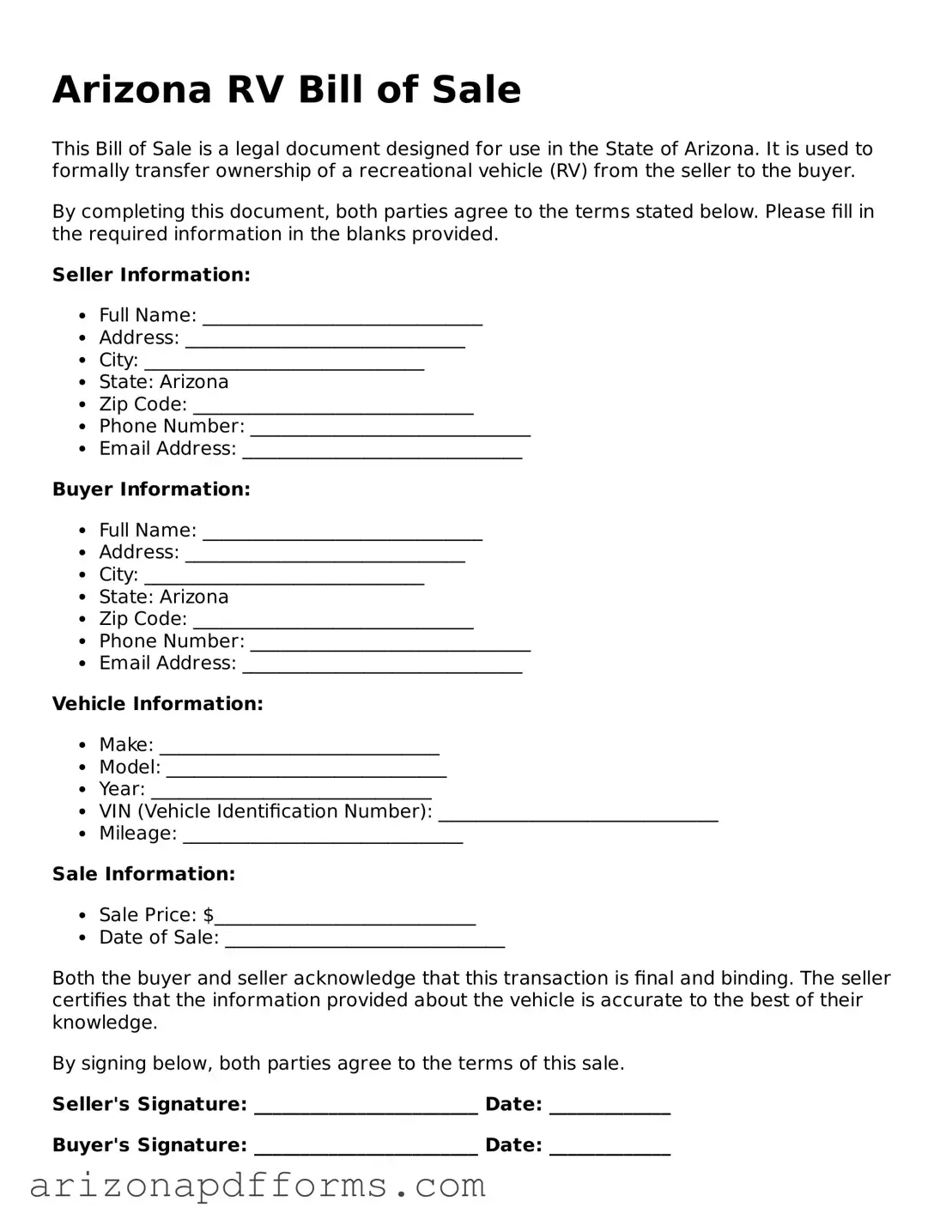 Official  RV Bill of Sale Template for Arizona