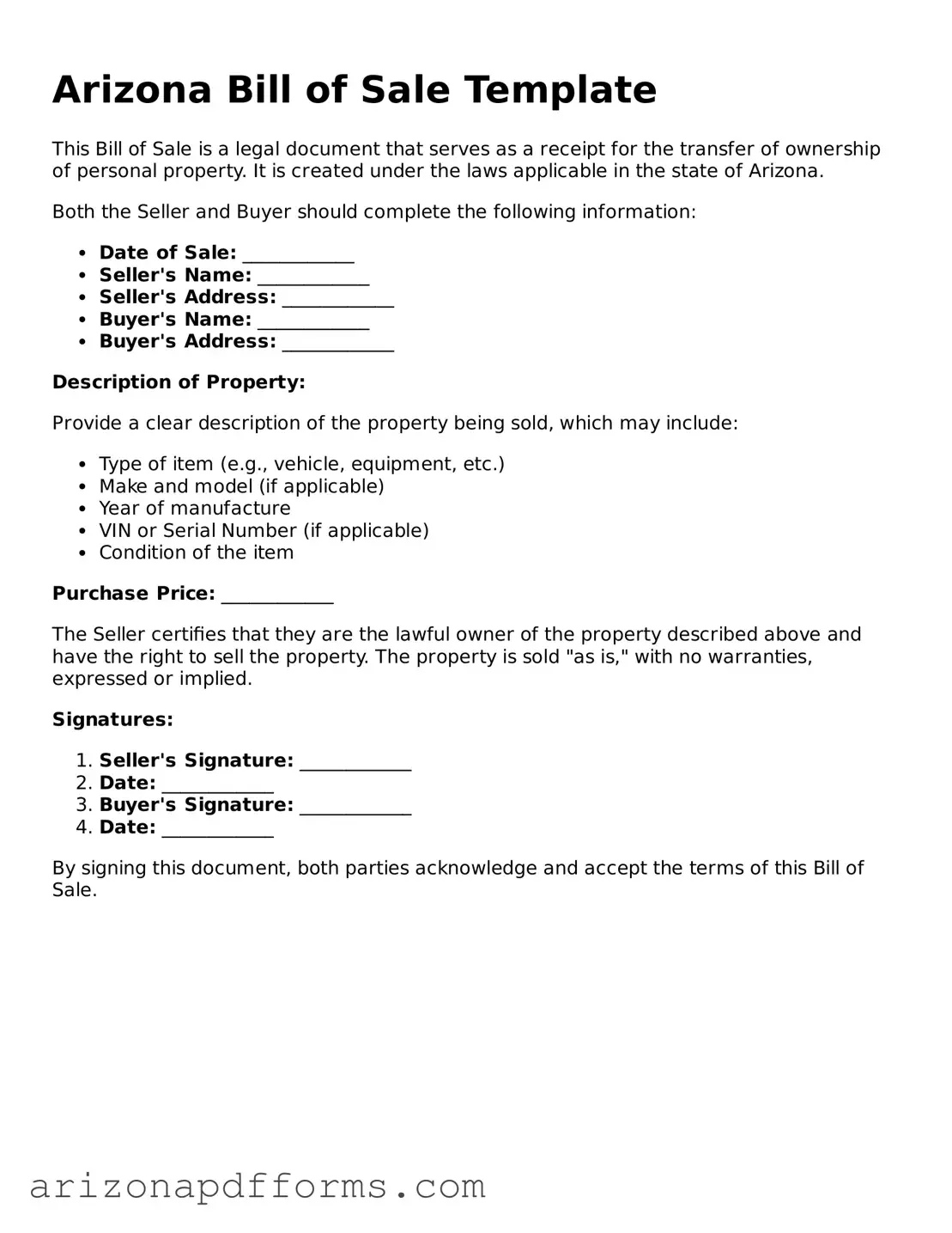 Official  Bill of Sale Template for Arizona