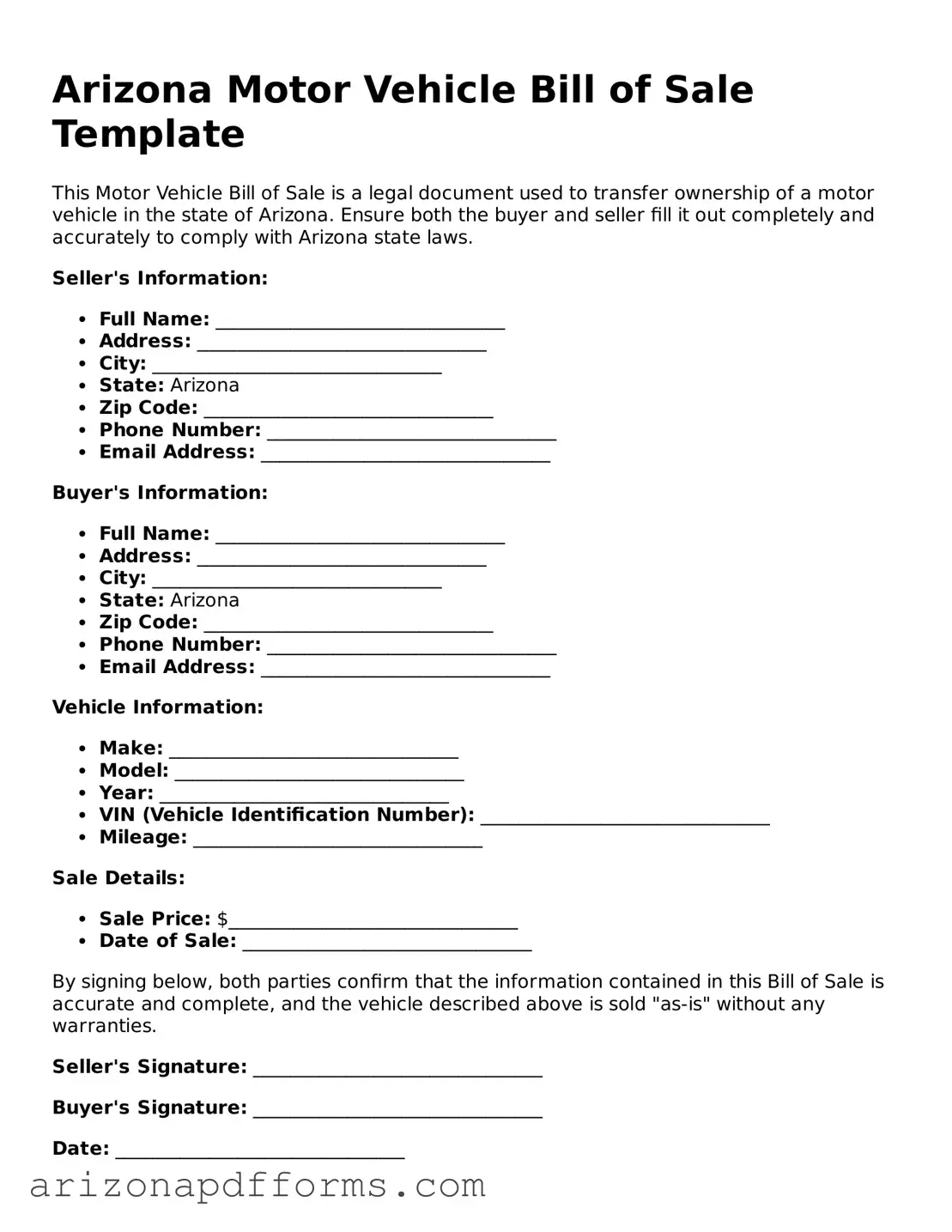 Official  Motor Vehicle Bill of Sale Template for Arizona