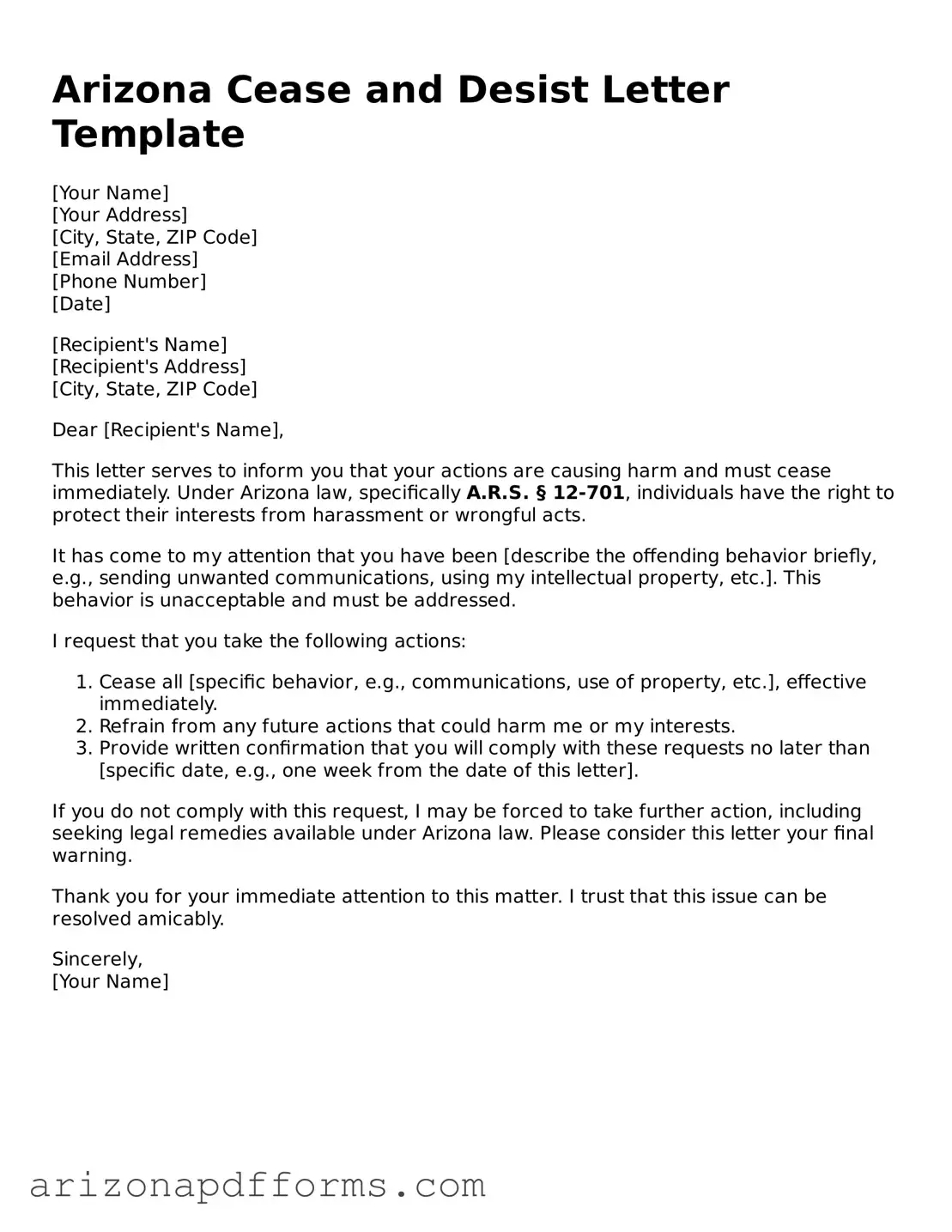 Official  Cease and Desist Letter Template for Arizona