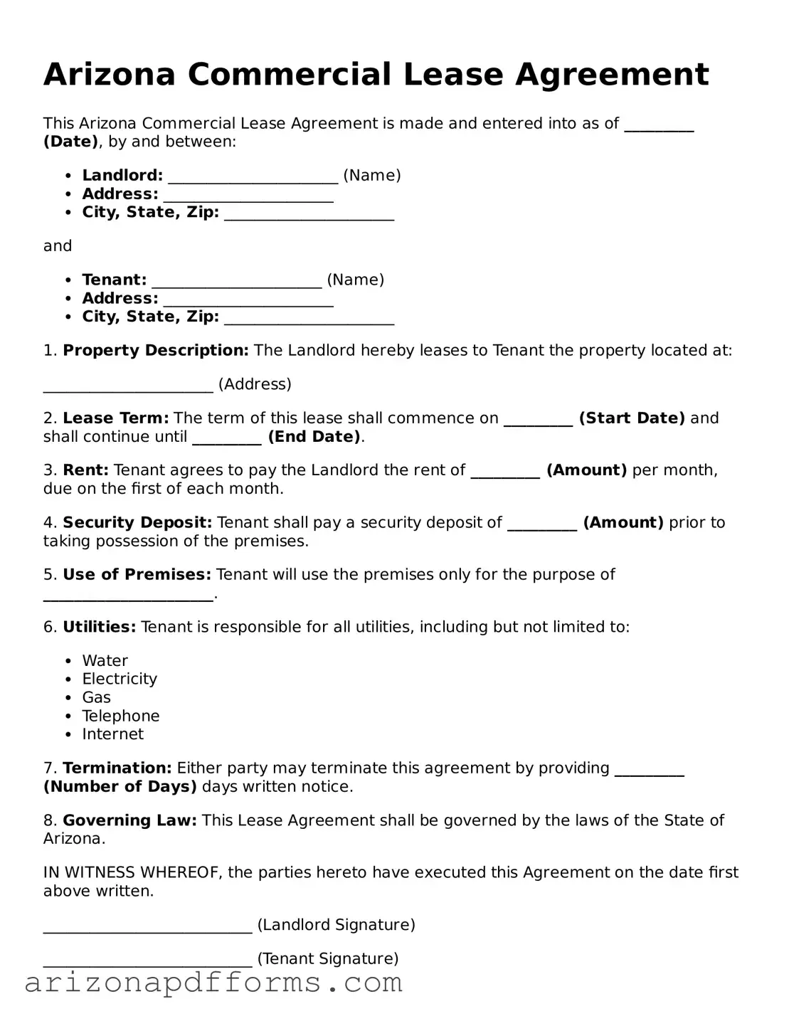 Official  Commercial Lease Agreement Template for Arizona