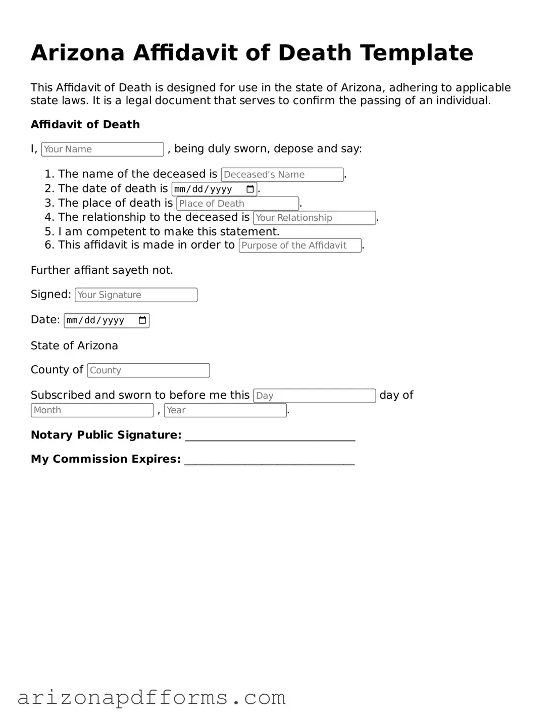 Official  Affidavit of Death Template for Arizona