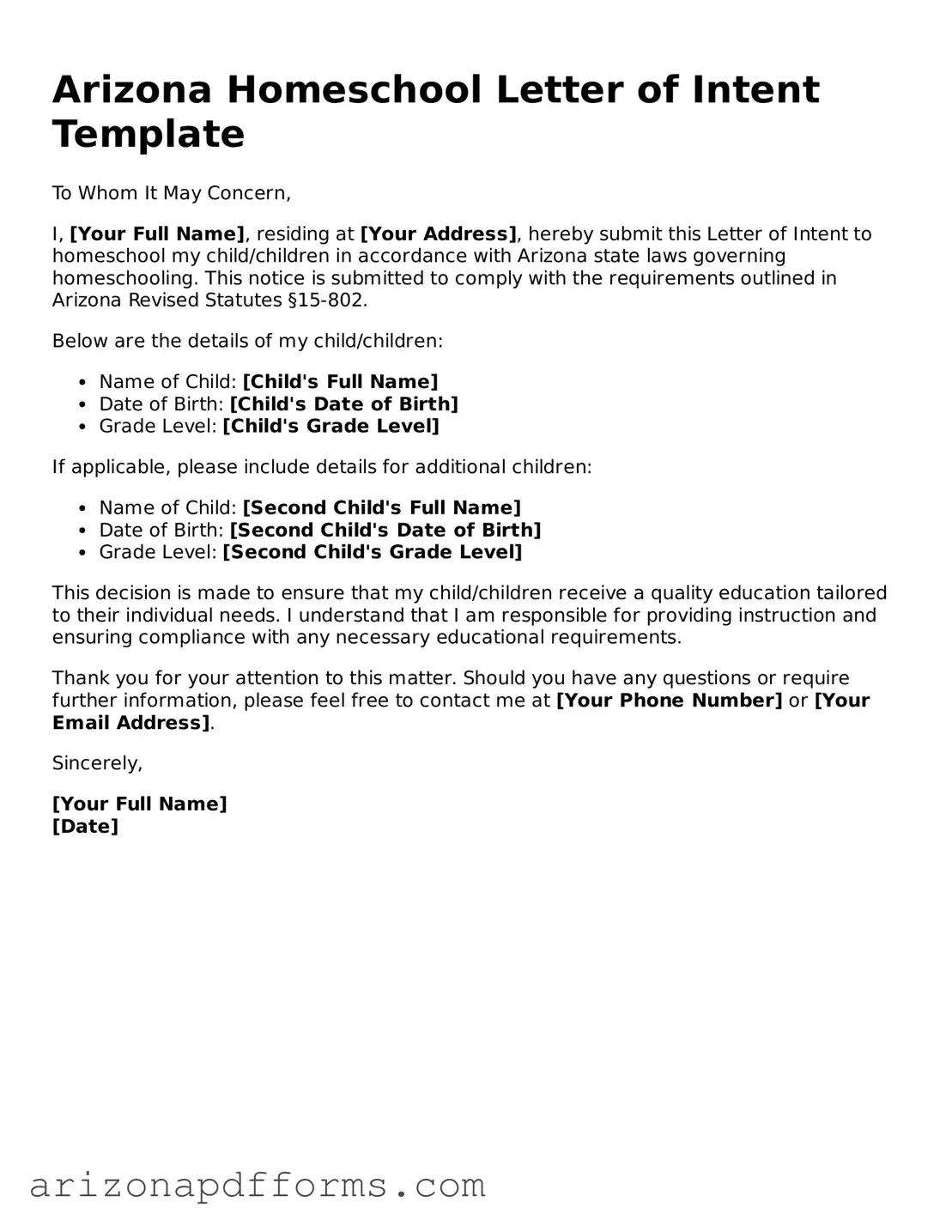 Official  Homeschool Letter of Intent Template for Arizona