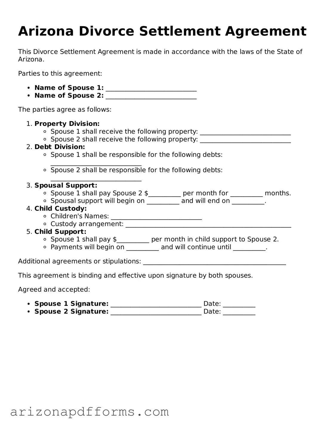 Official  Divorce Settlement Agreement Template for Arizona