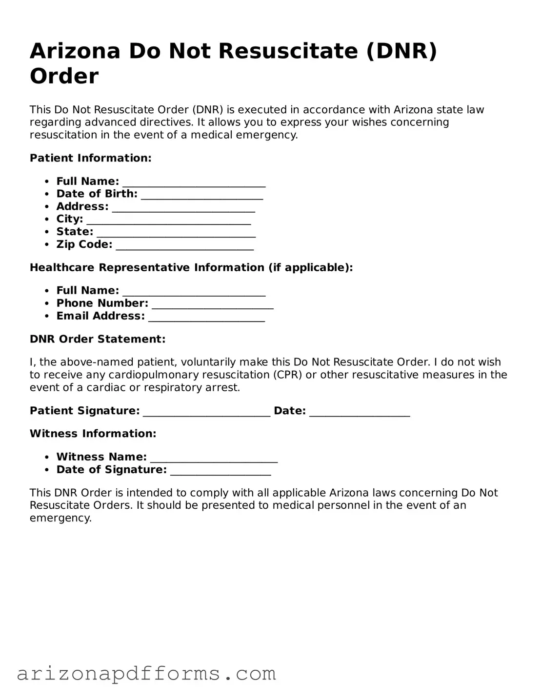 Official  Do Not Resuscitate Order Template for Arizona