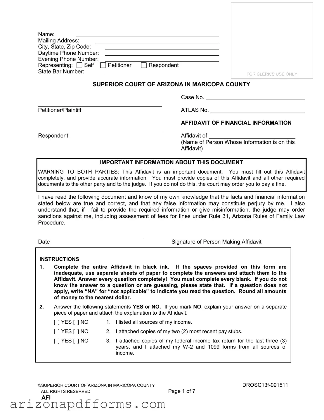 Blank Arizona Financial Template