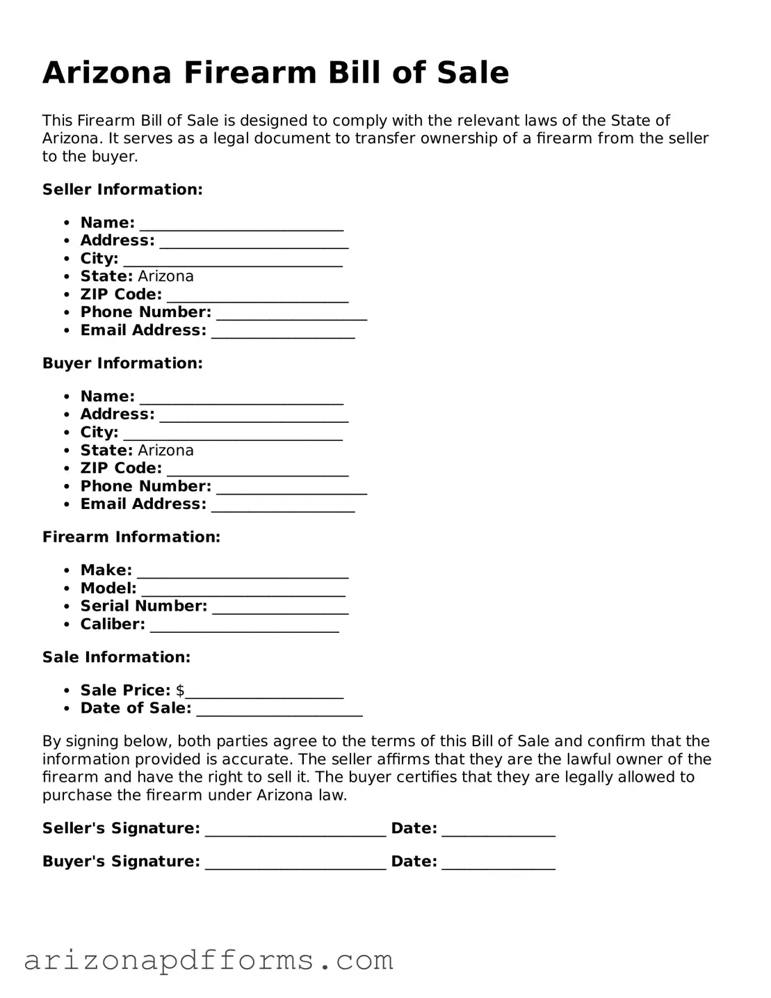 Official  Firearm Bill of Sale Template for Arizona