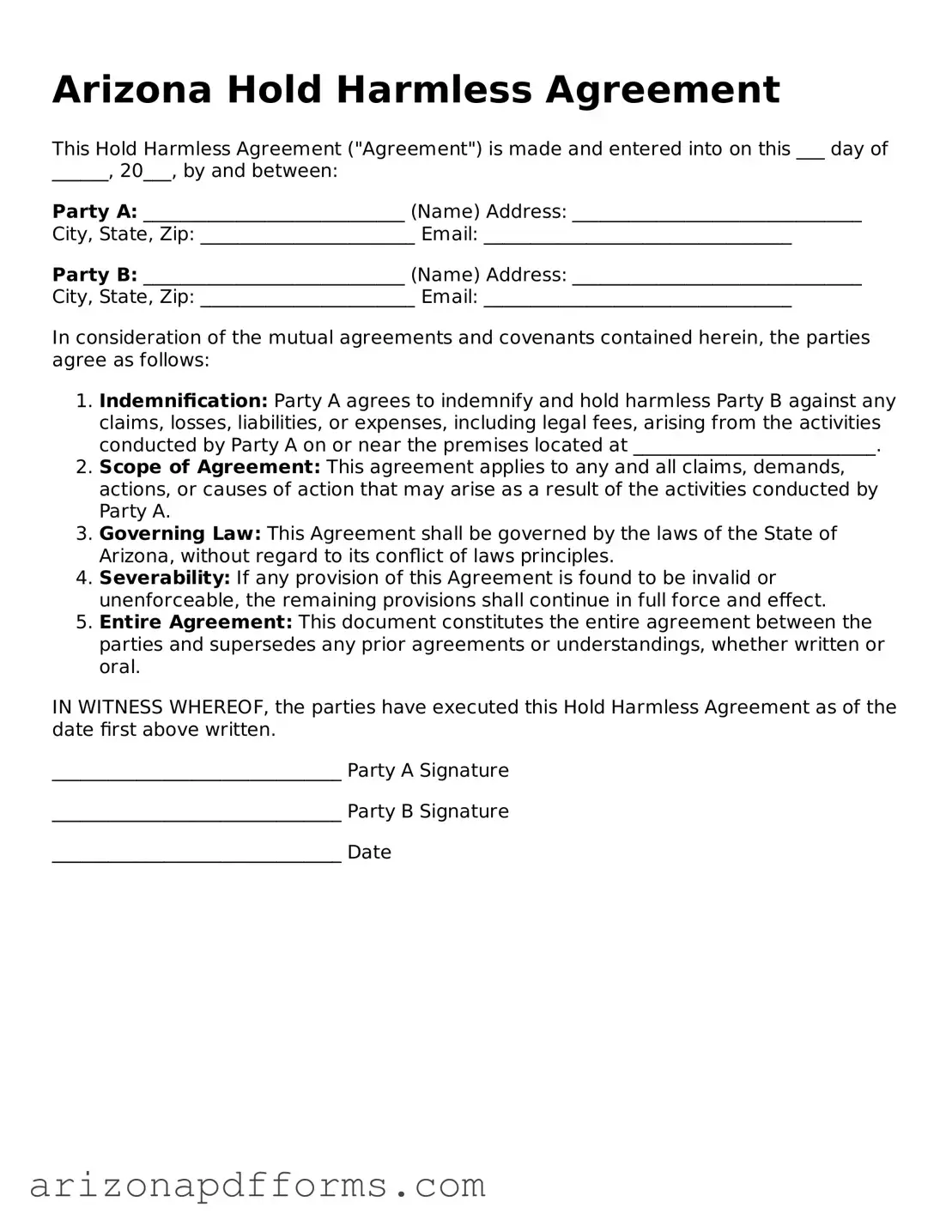 Official  Hold Harmless Agreement Template for Arizona