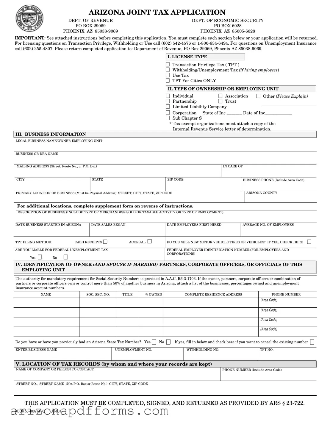 Blank Arizona Joint Tax Application Template