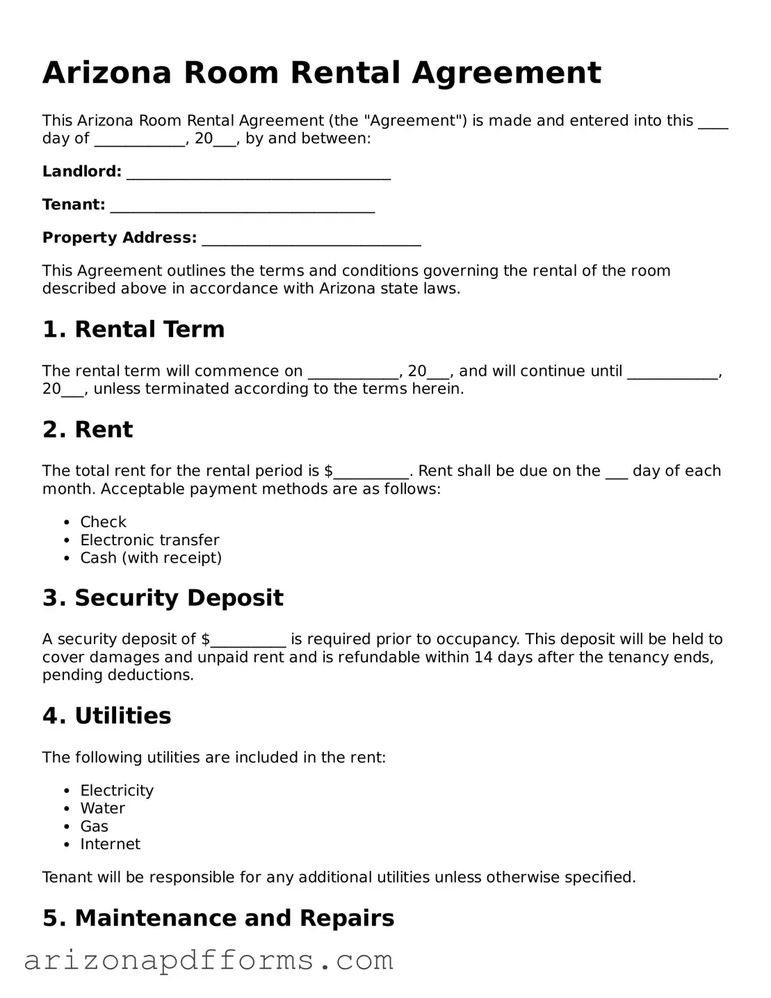 Official  Room Rental Agreement Template for Arizona