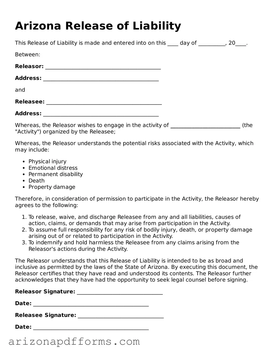 Official  Release of Liability Template for Arizona