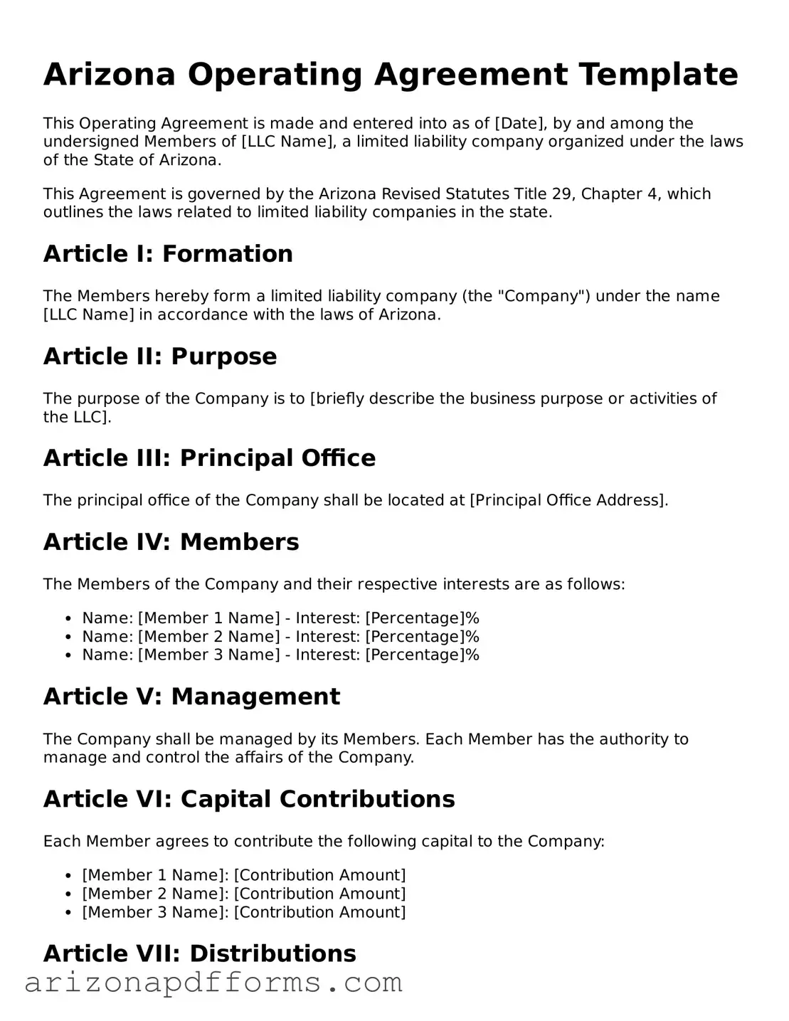 Official  Operating Agreement Template for Arizona
