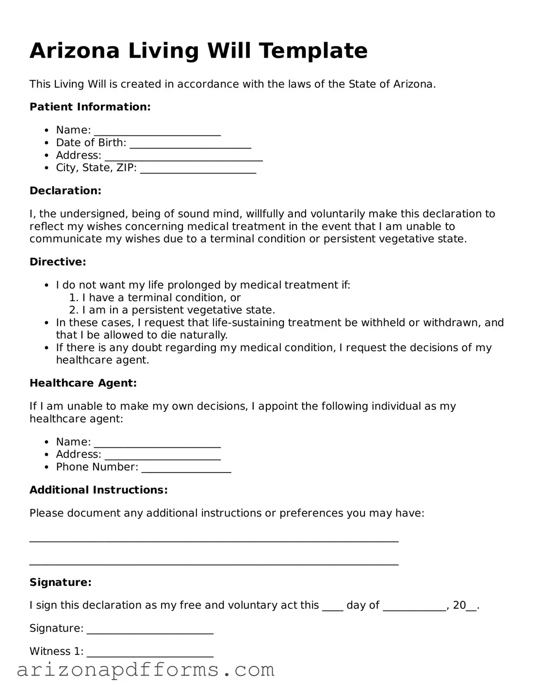 Official  Living Will Template for Arizona