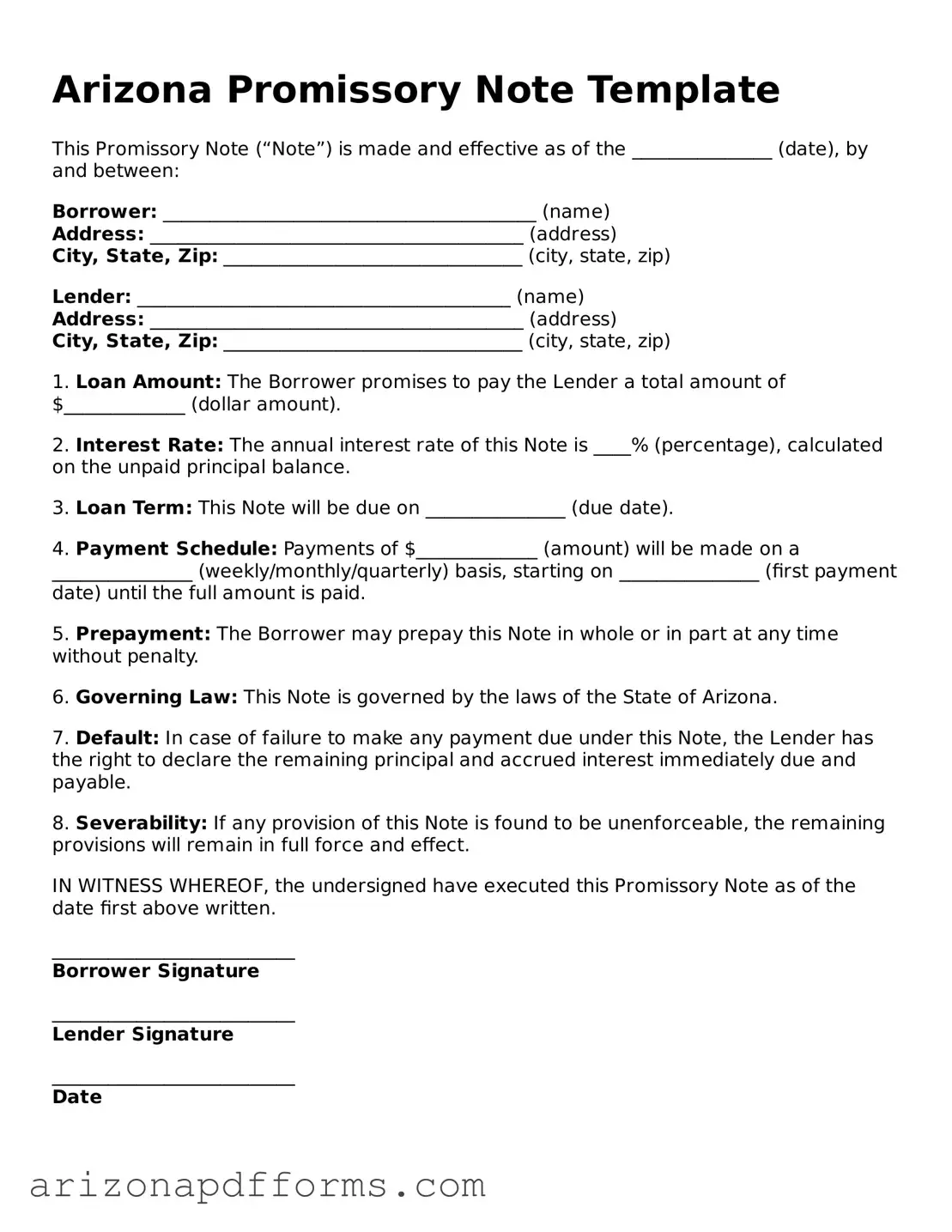 Official  Promissory Note Template for Arizona