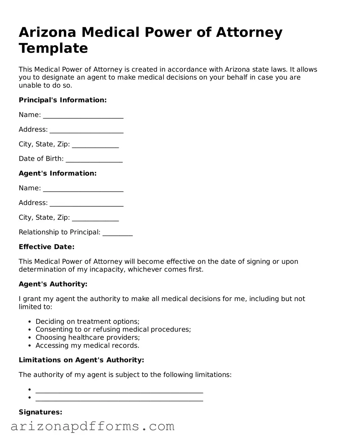 Official  Medical Power of Attorney Template for Arizona