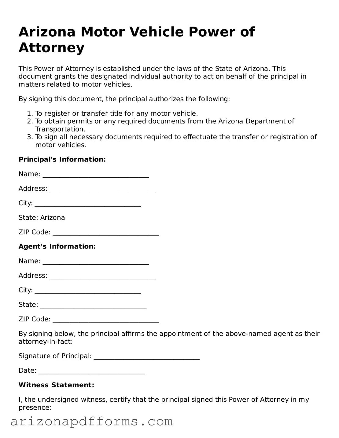 Official  Motor Vehicle Power of Attorney Template for Arizona