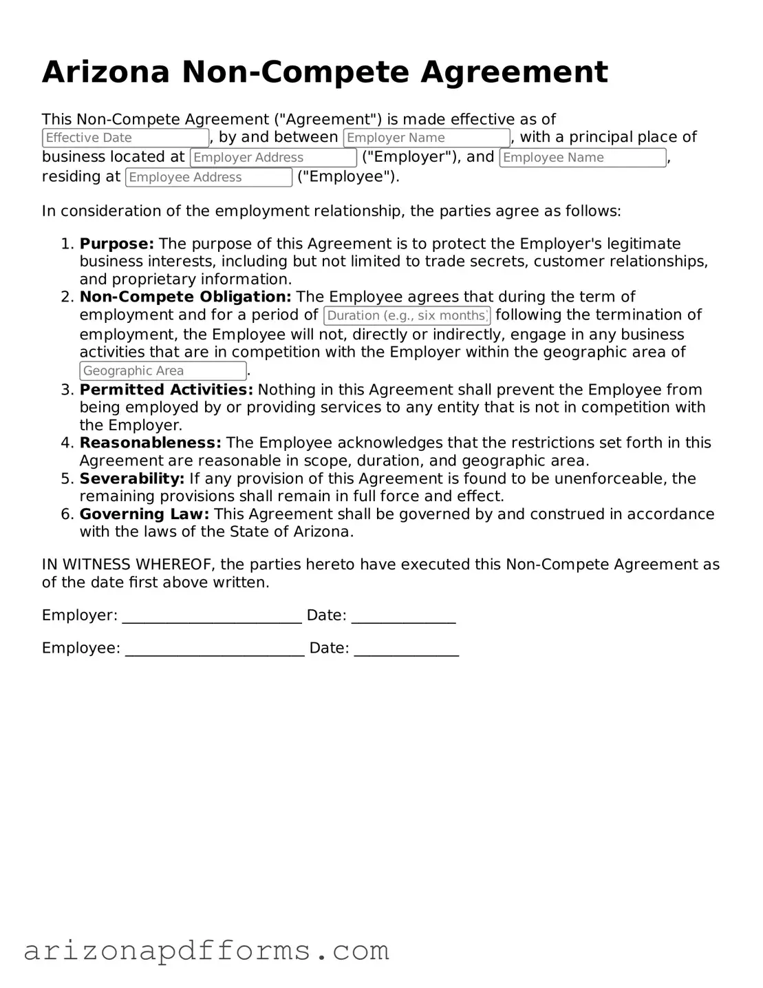 Official  Non-compete Agreement Template for Arizona