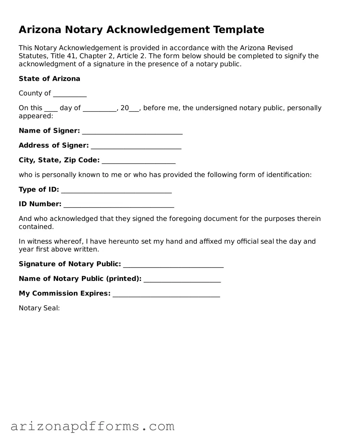 Official  Notary Acknowledgement Template for Arizona