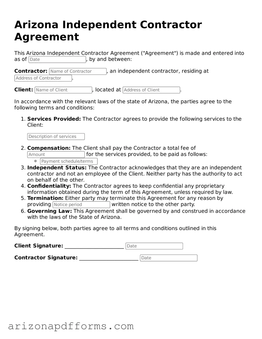 Official  Independent Contractor Agreement Template for Arizona