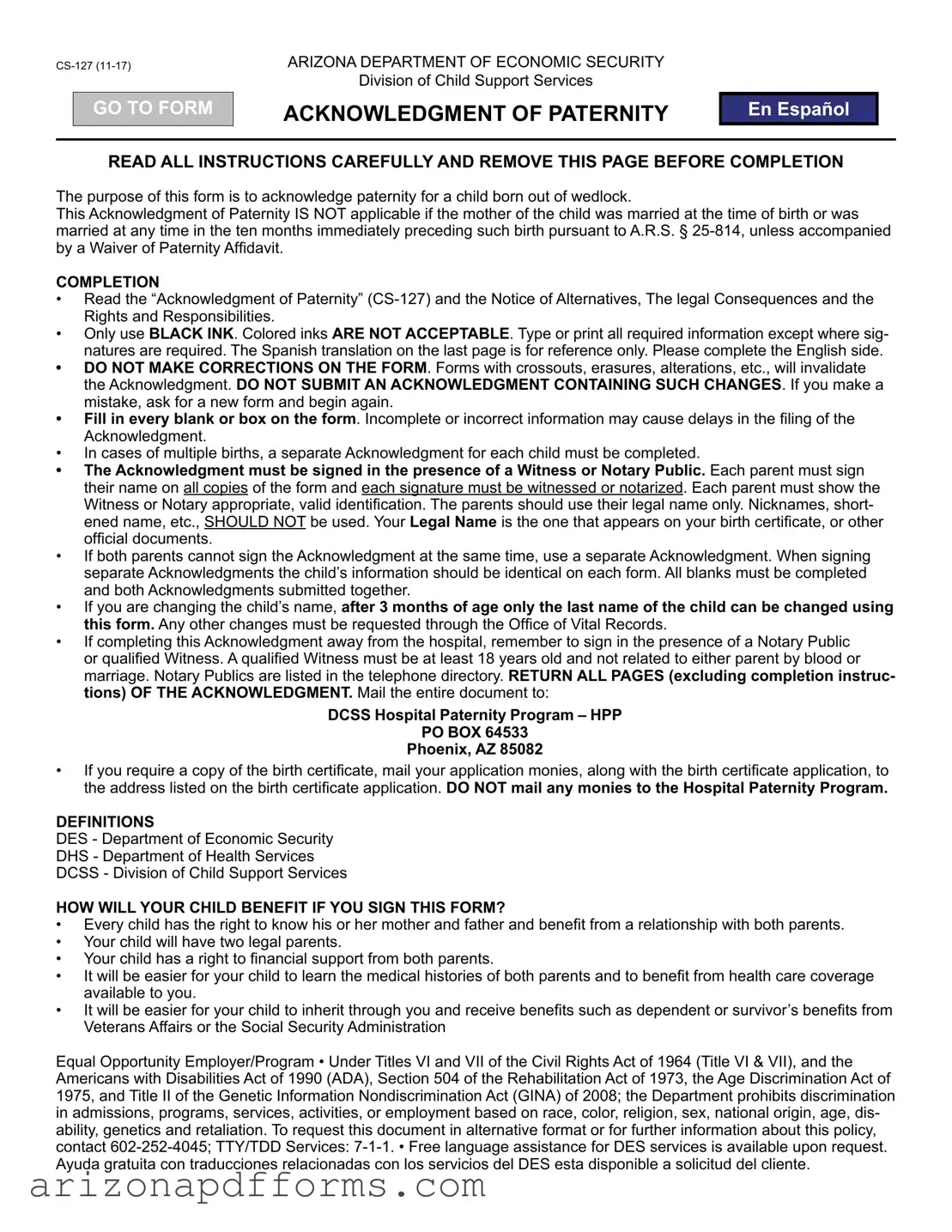 Blank Arizona Paternity Template