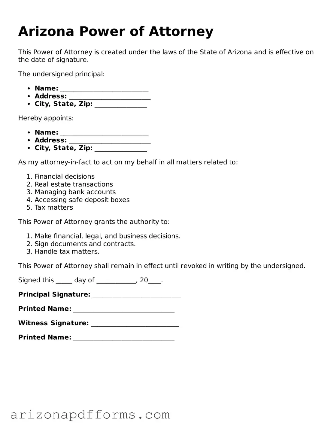 Official  Power of Attorney Template for Arizona