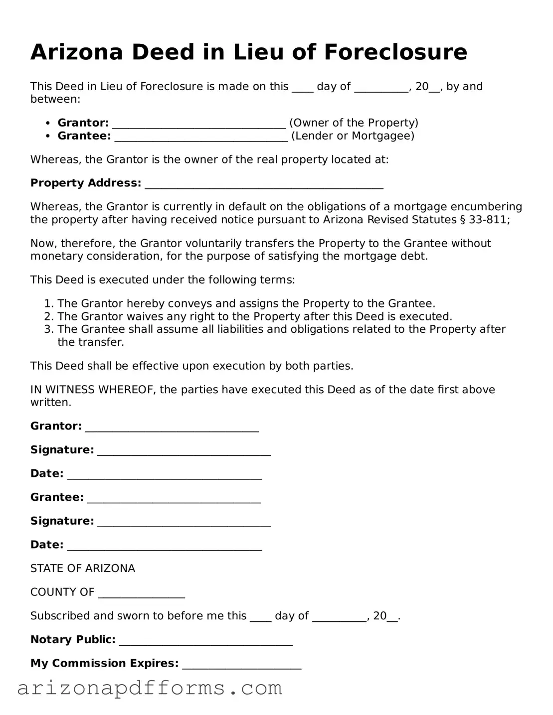 Official  Deed in Lieu of Foreclosure Template for Arizona