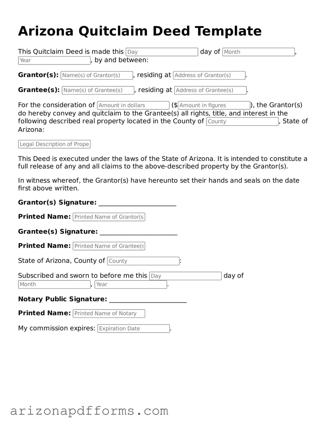 Official  Quitclaim Deed Template for Arizona