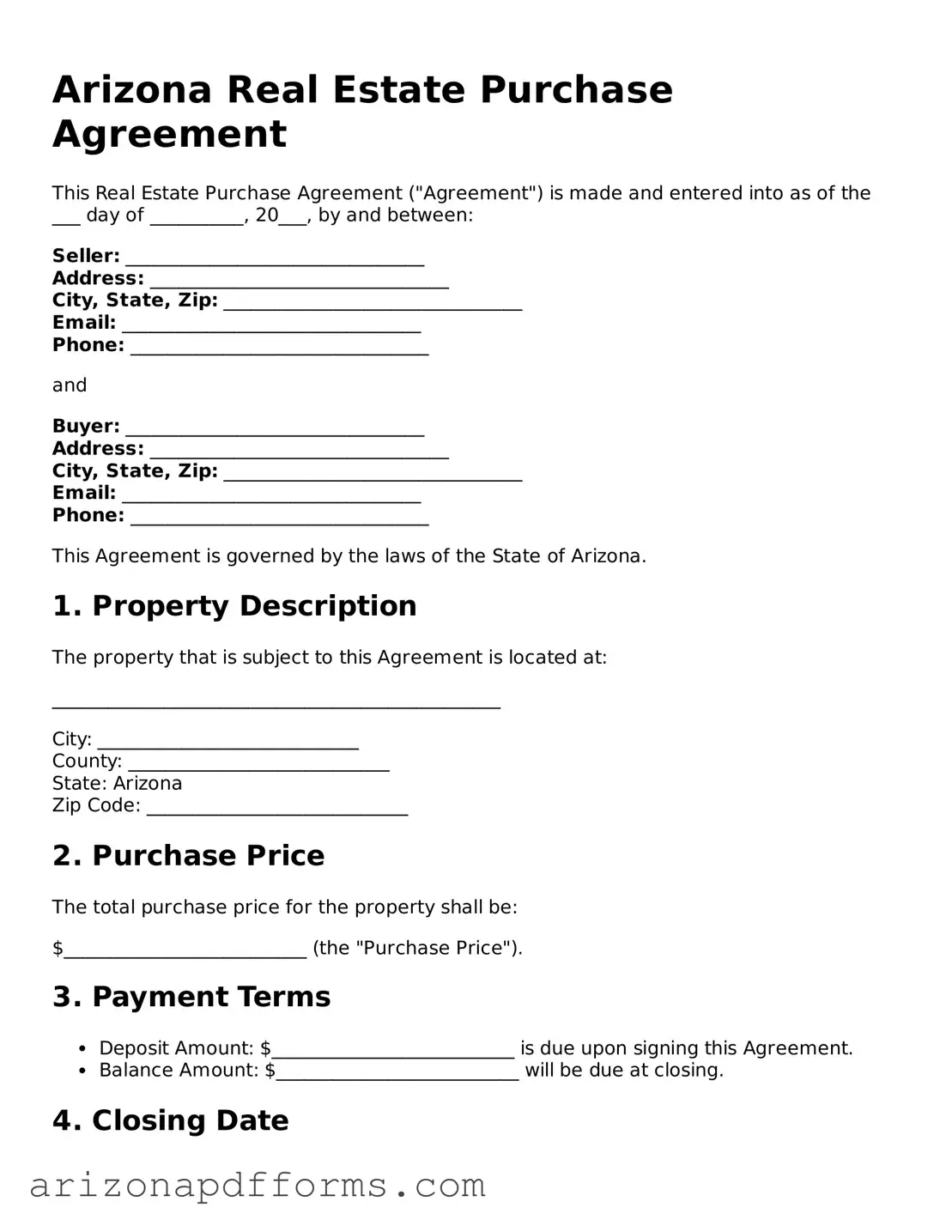 Official  Real Estate Purchase Agreement Template for Arizona