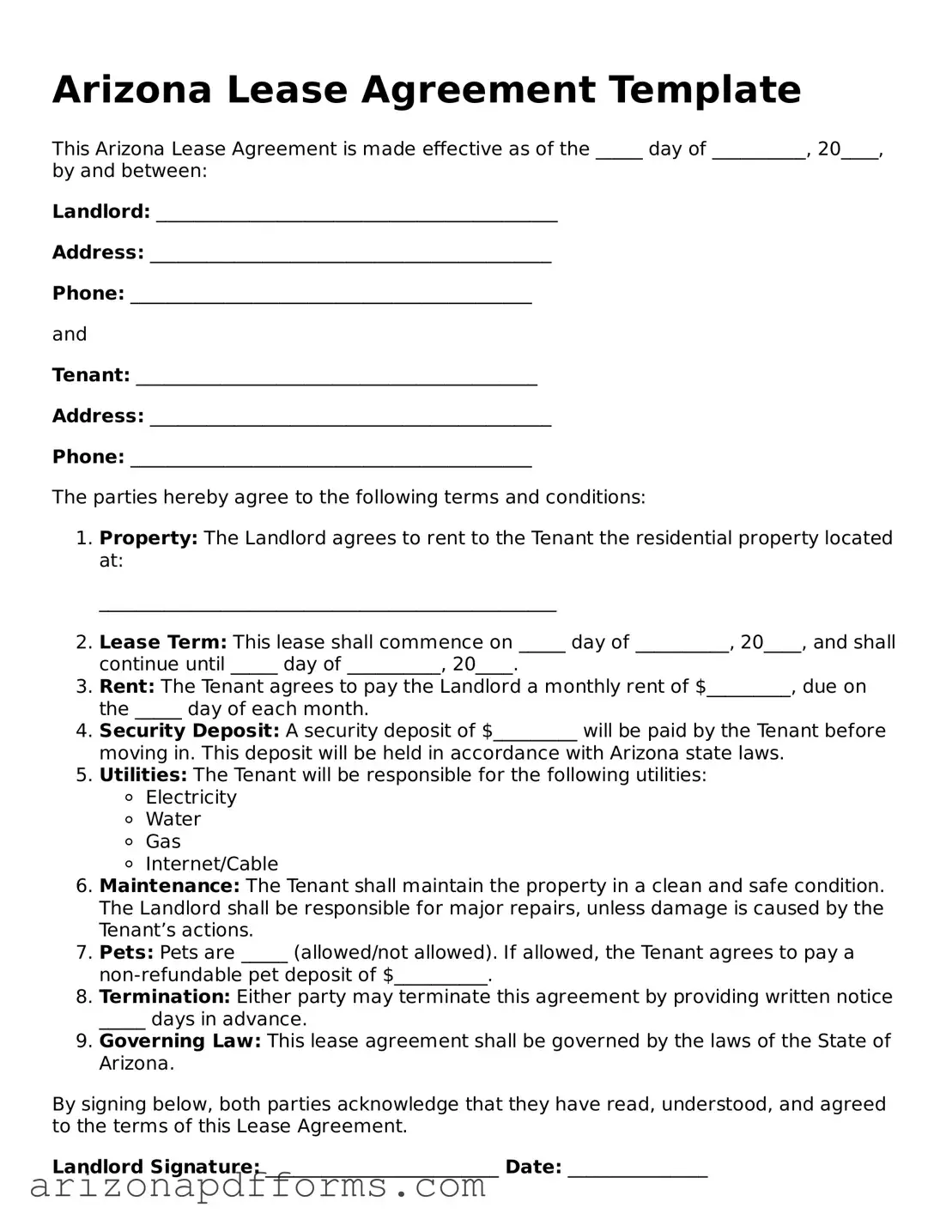 Official  Lease Agreement Template for Arizona