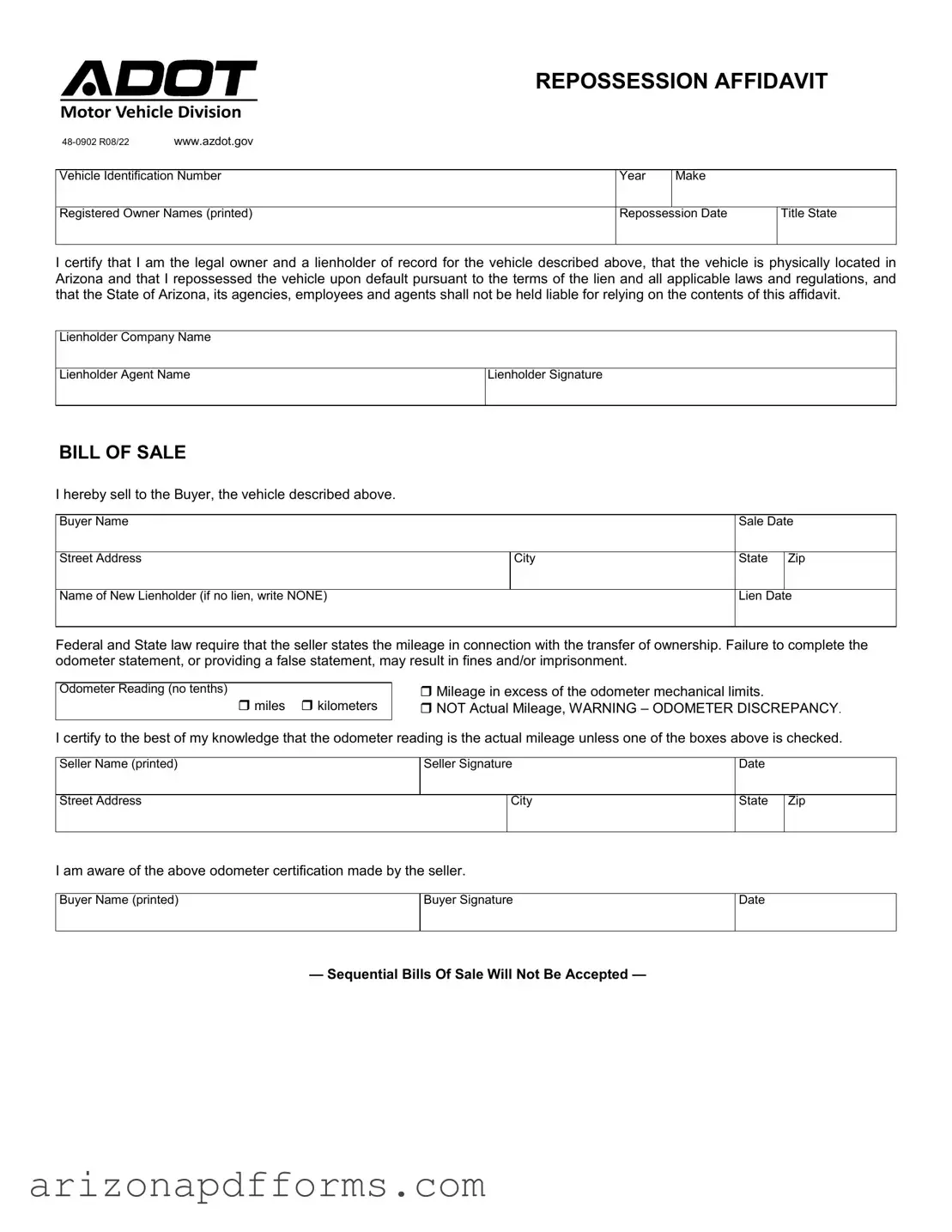 Blank Arizona Repossession Affidavit Template