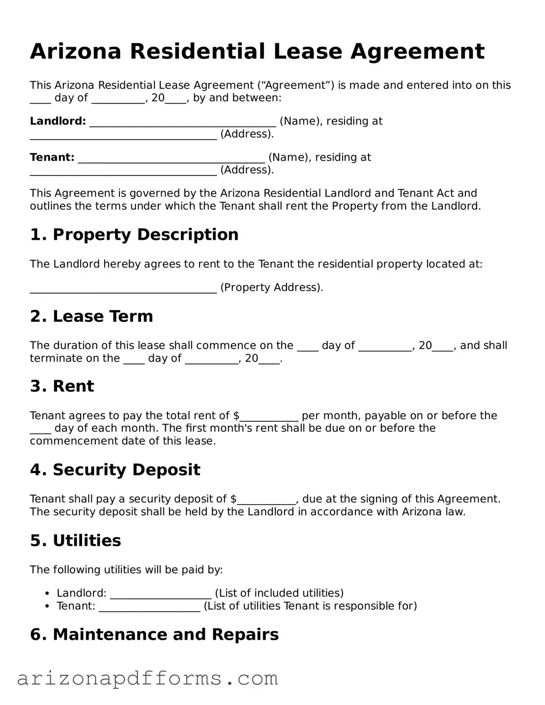 Official  Residential Lease Agreement Template for Arizona