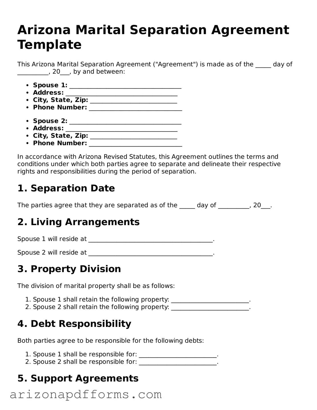 Official  Marital Separation Agreement Template for Arizona