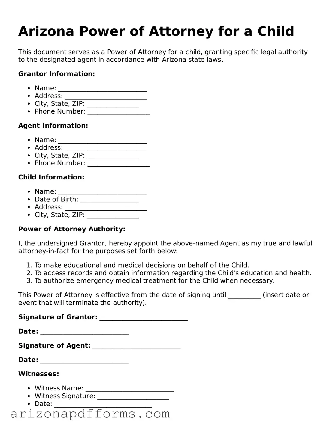 Official  Power of Attorney for a Child Template for Arizona