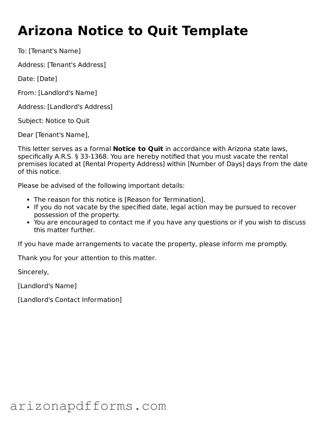Official  Notice to Quit Template for Arizona