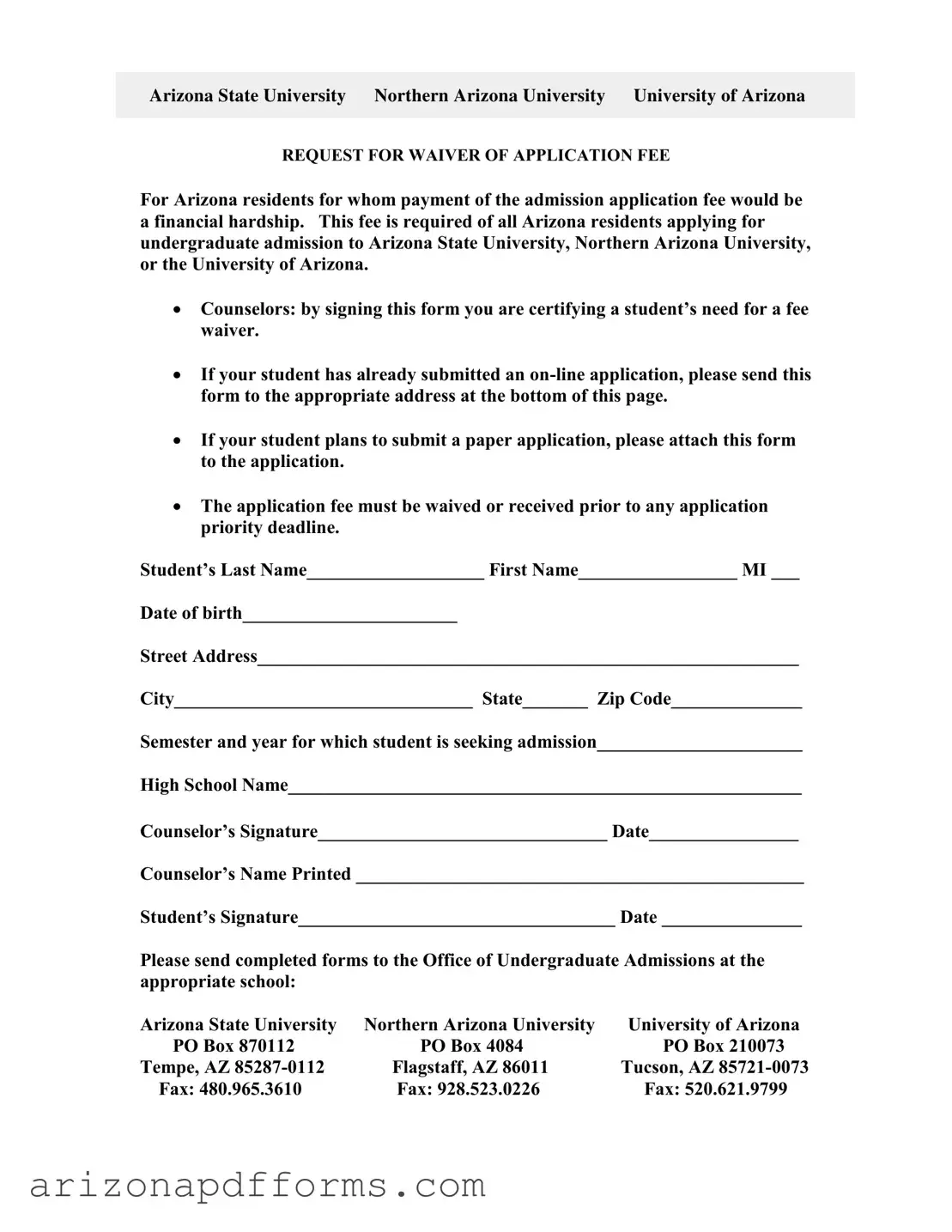 Blank Arizona University Application Template