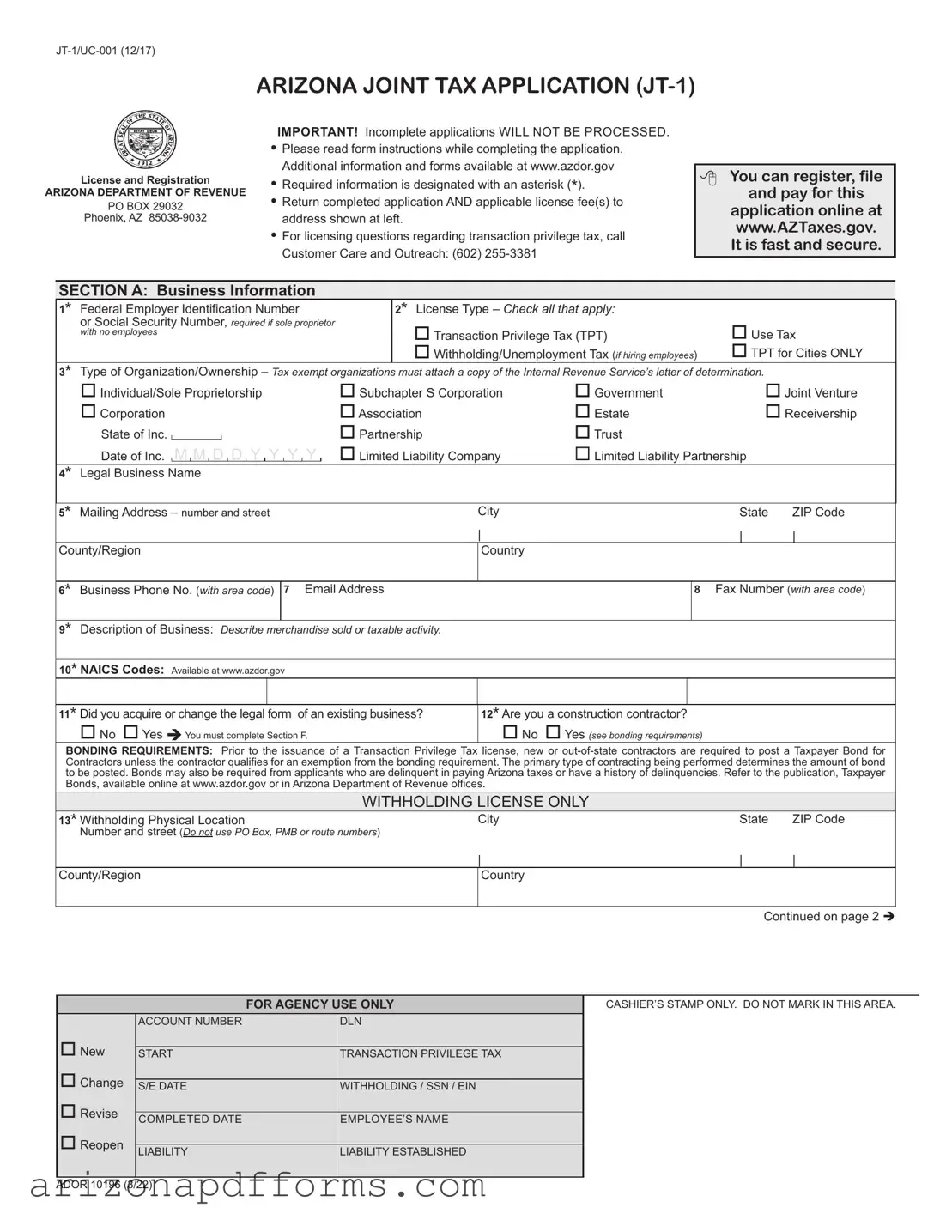Blank Jt 1 Arizona Tax Template