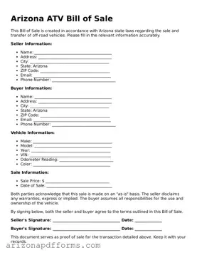 Official  ATV Bill of Sale Template for Arizona