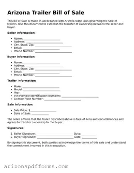 Official  Trailer Bill of Sale Template for Arizona