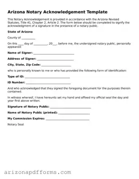 Official  Notary Acknowledgement Template for Arizona