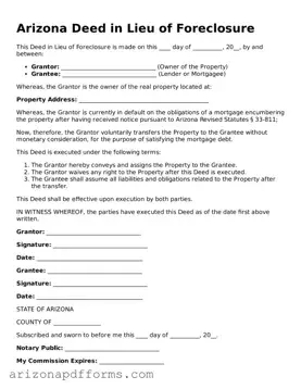 Official  Deed in Lieu of Foreclosure Template for Arizona